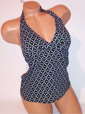 Lands' End Navy and White Printed Halter Tankini Top 16L